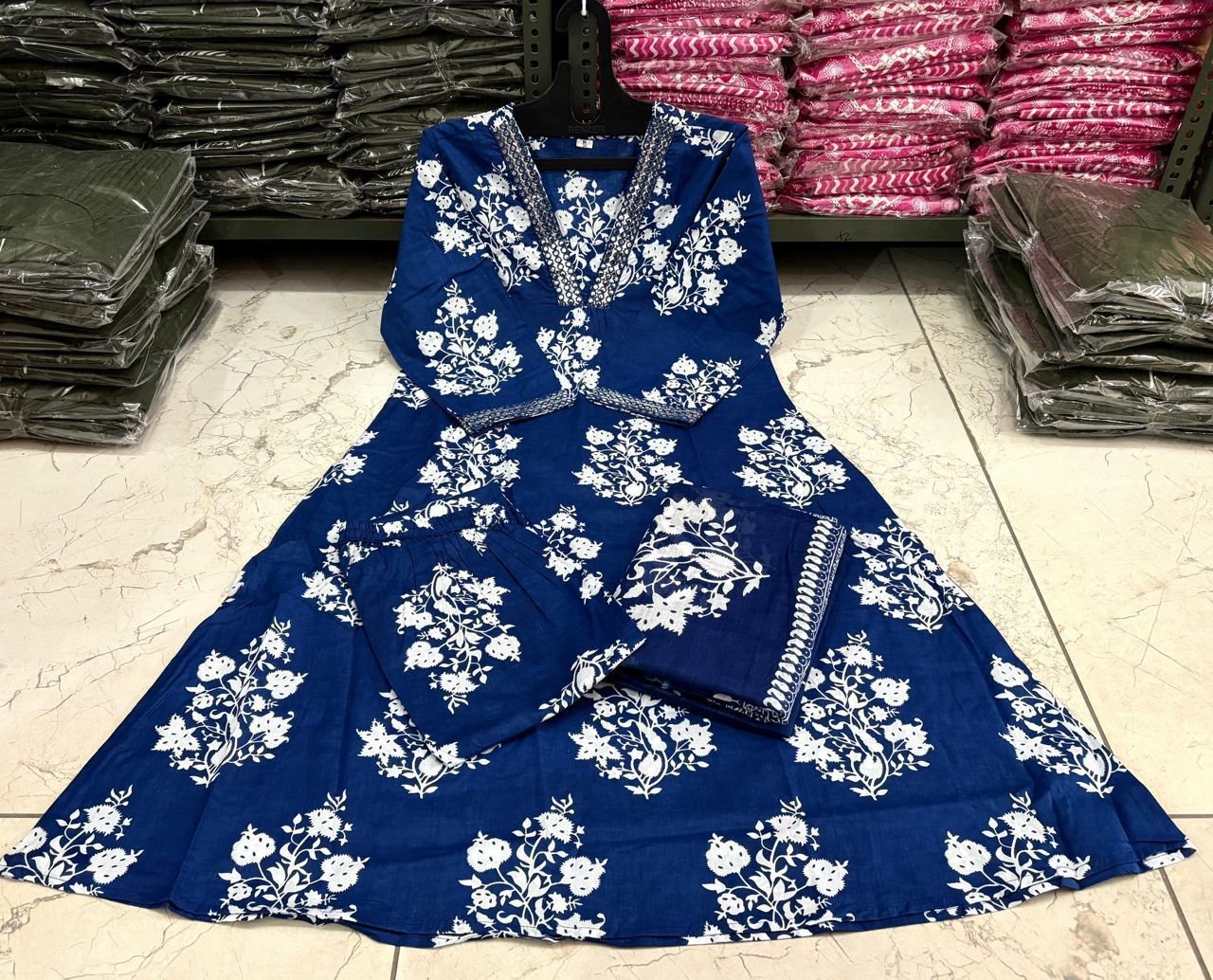 Pure Cotton Embroidered Anarkali Suit Set